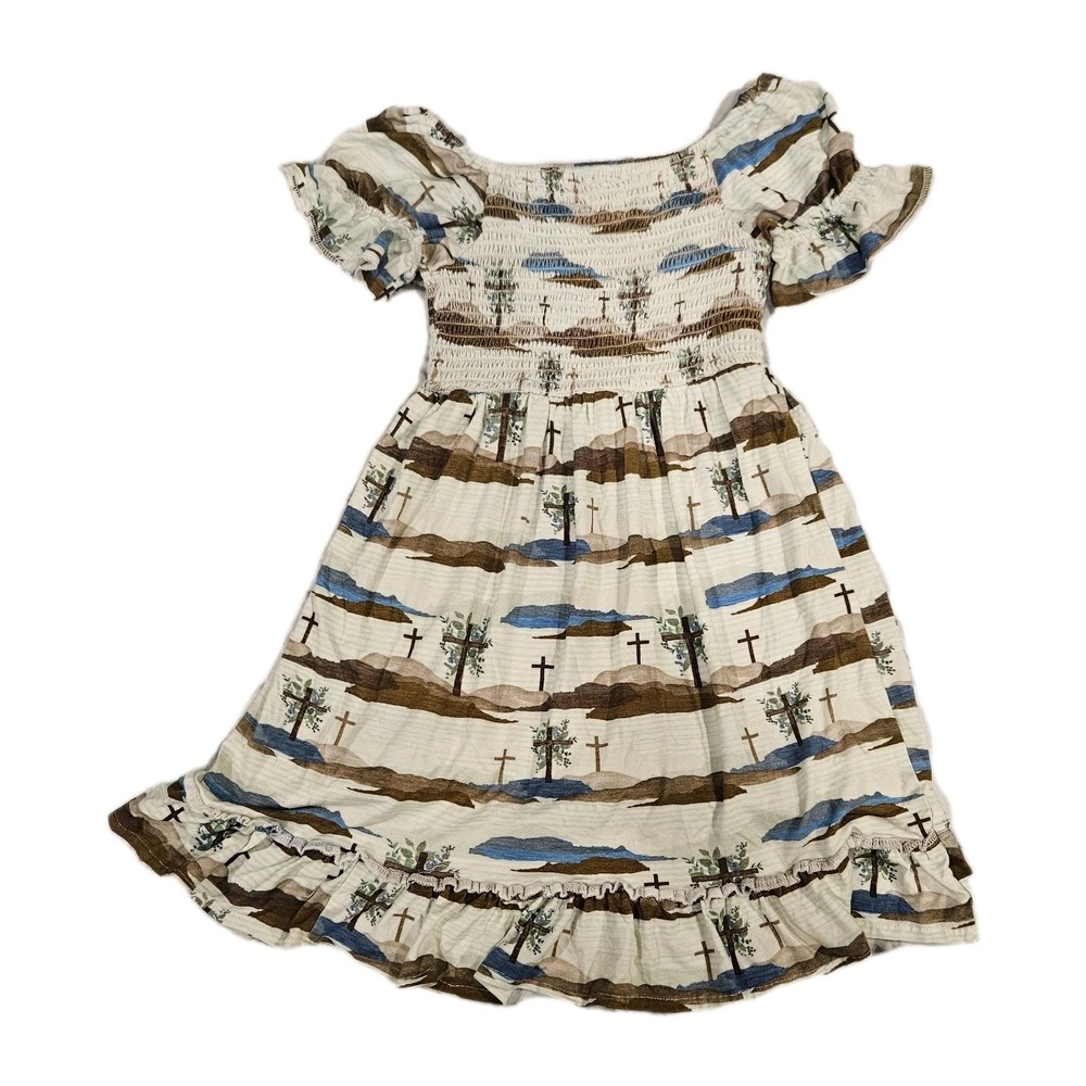 He Is Risen Religious Easter Dress Three Crosses Tiny Revival Co. Size 9/10